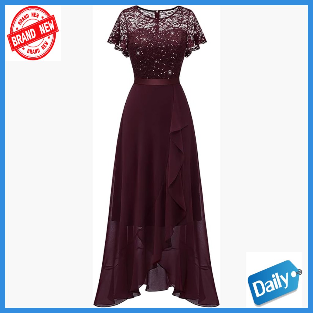 Lace Cocktail Dress With Slit, Zipper Back, Flutter Sleeves, Formal Gown